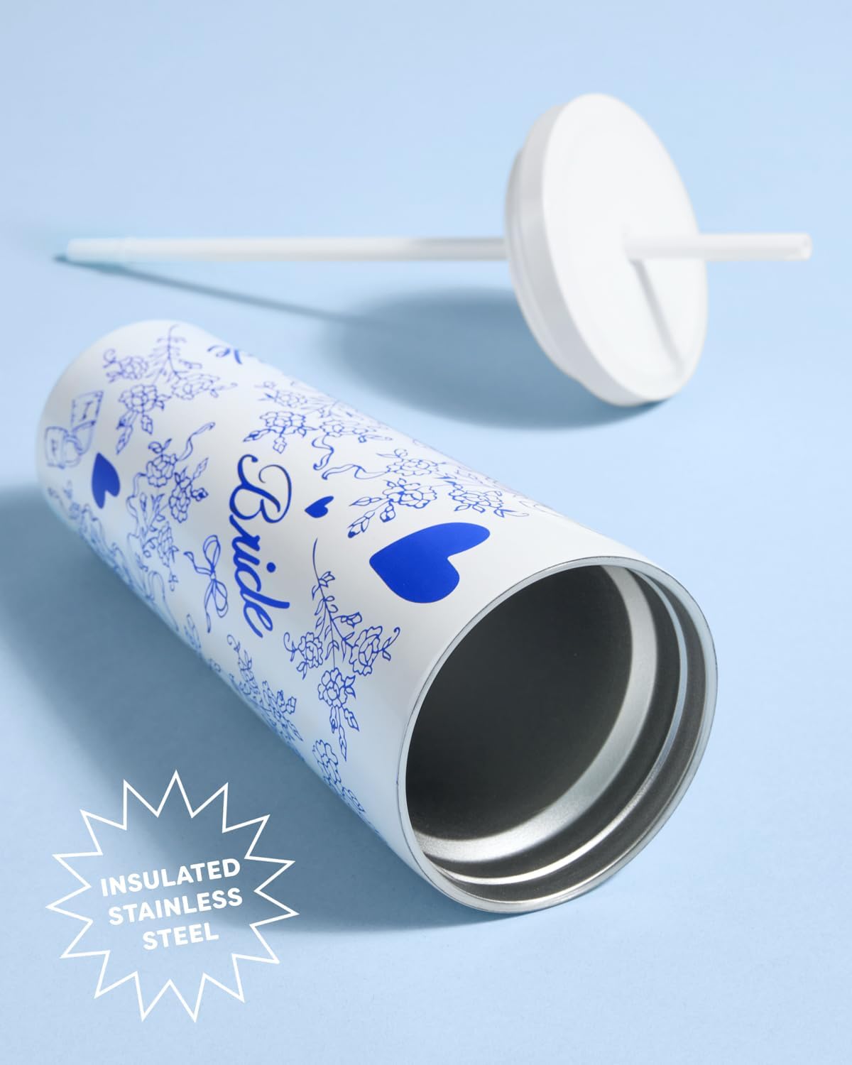 xo, Fetti White + Blue Bride Tumbler, 24 oz. | Bachelorette Supplies, Wedding Morning Drinkware, Bach Party Decorations, Bridesmaid Cup Gift