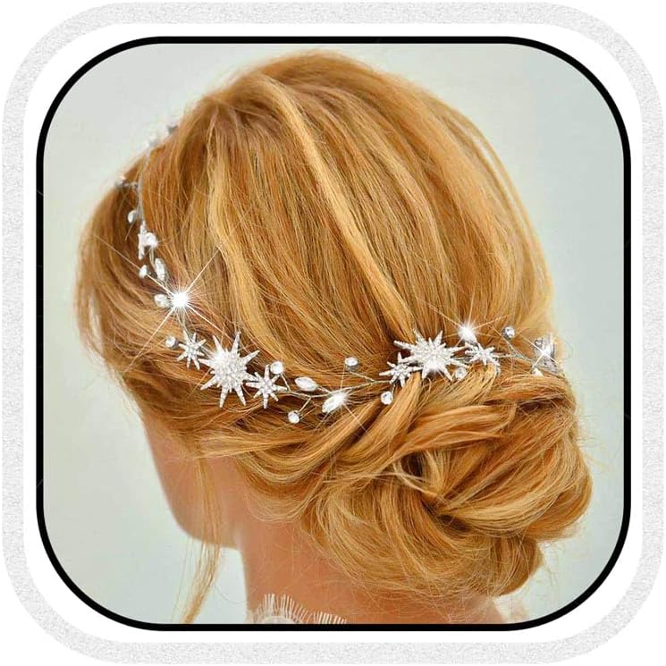 Star Rhinestone Bride Wedding Hair Vine Gold Bridal Hair Piece Crystal Hair Accessories for Women (21 Inches)