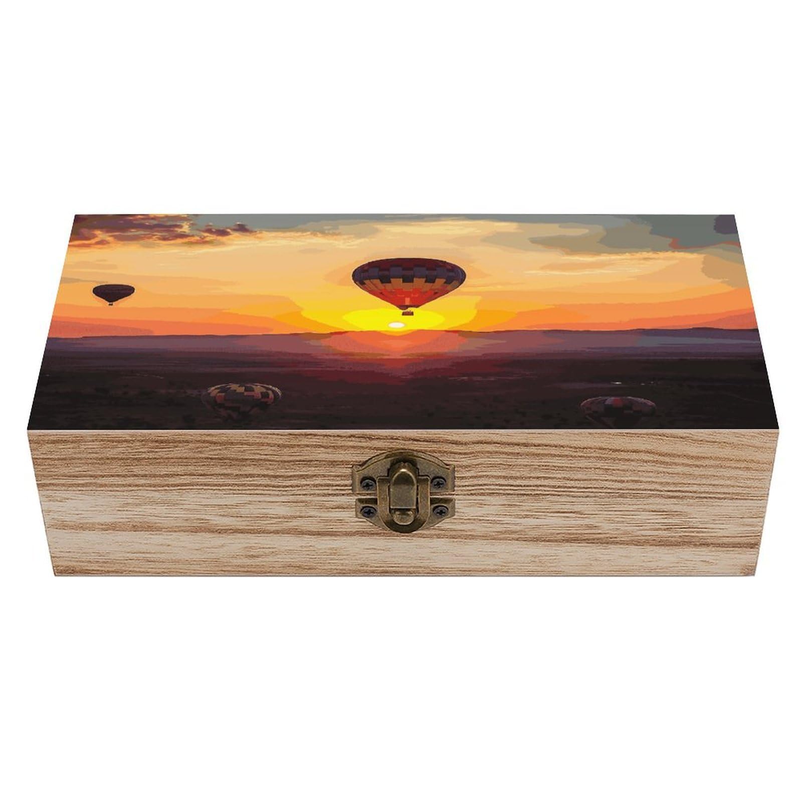 Btcowzrv Style Hot Air Balloon Sunset Wooden Storage Box, Keepsake Box With Hinged And Retro Lock, Wood Jewelry Organizer For Photos & Mementos And Home Decor