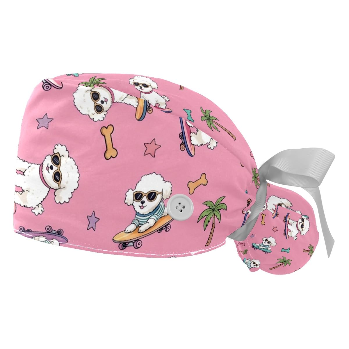 2 PCS Bouffant Cap with Button Ponytail Pouch Working Cap Sweatband Adjustable Surgical Cap Black and White Cow