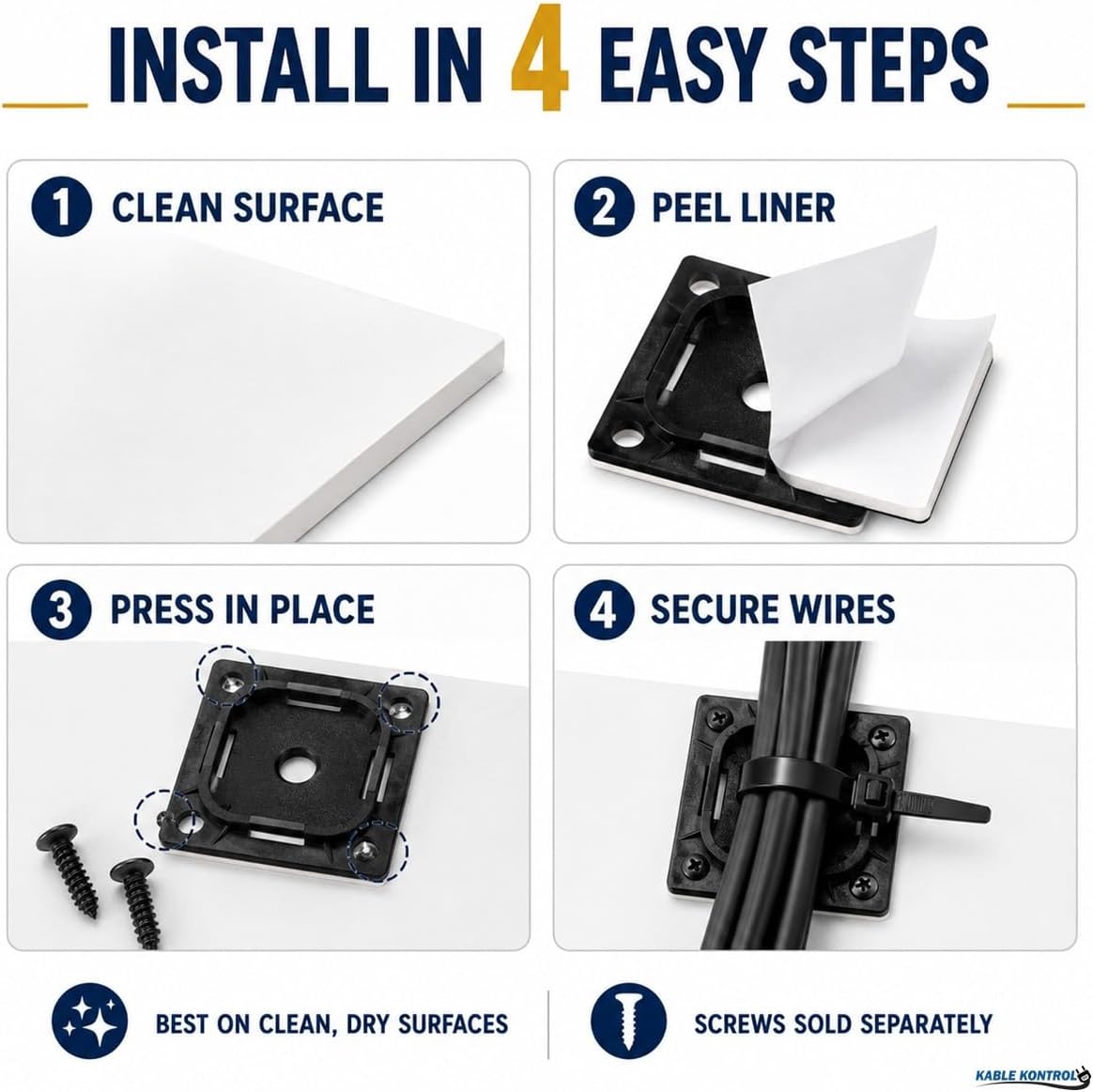 Kable Kontrol Zip Tie Mounts, 1-1/2” Sq, Black, 100 Pcs, Adhesive Backed Multi-Purpose UV-Resistant Mounting Squares Nylon Cable Tie Wrap Anchor Pads for Cable Management