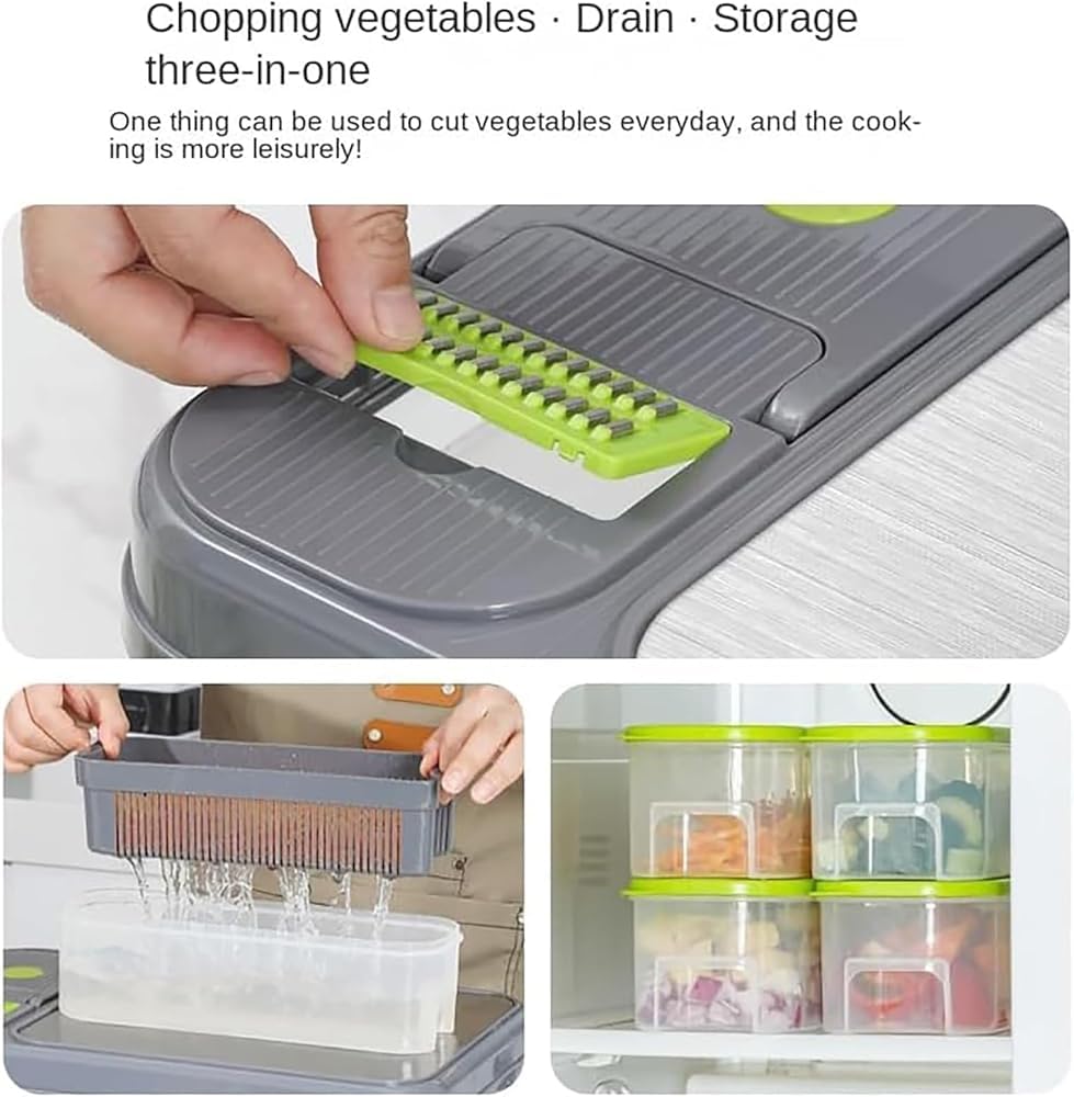 Hachoir à légumes 12 en 1 avec planche à découper et 4 récipients – Ensemble de mandoline 28 pièces, station de préparation intégrée avec panier égouttoir
