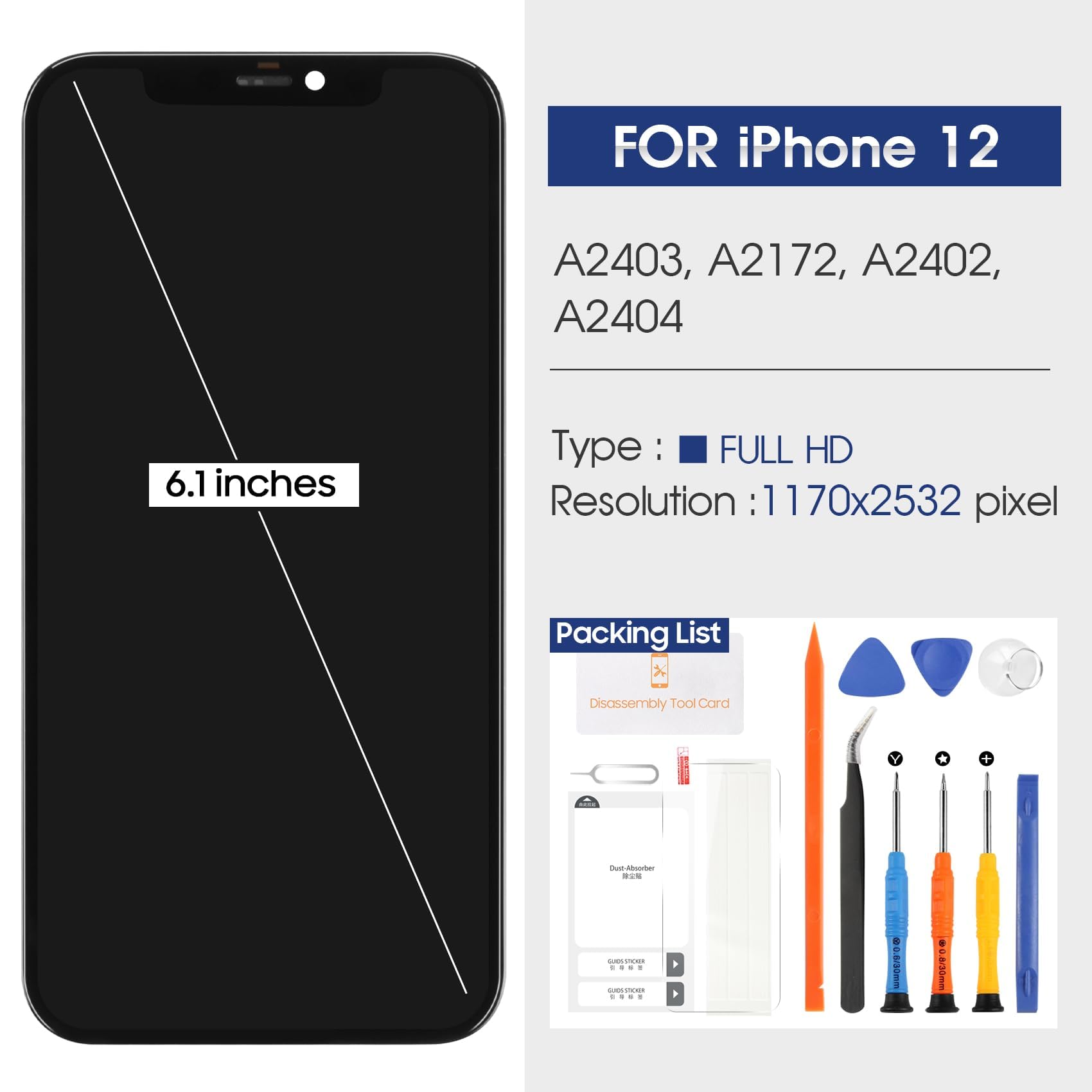 pour écran iPhone 12/12 Pro LCD - pour iPhone 12 Pro LCD Digitizer pour iPhone 12 A2403 A2172 A2402 A2407 A2341 A2406 A2408 Écran tactile en verre Assembly avec outils