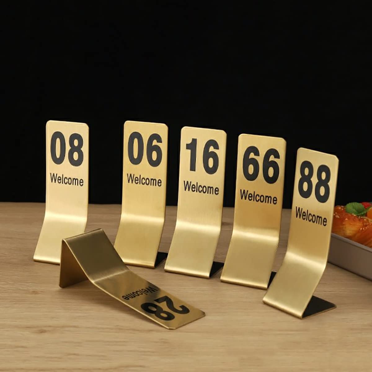 Zestaw numerów stołów, Numery stołów, winietki, stal nierdzewna, złote, dwustronne, w kształcie litery L, 14,5 x 5 cm, opakowanie 50 sztuk na imprezy