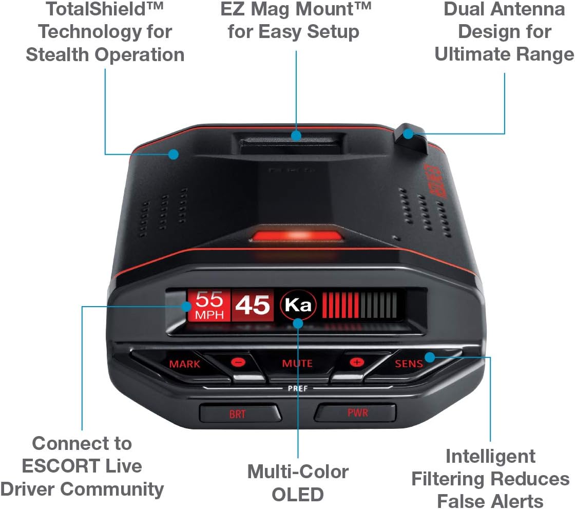 Escort Redline EX Laser Radar Detector - Escort Live, Extreme Range, False Alert Filter, OLED Display, Voice Alerts