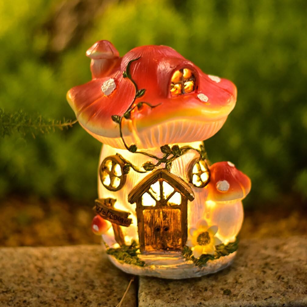 BESPORTBLE Mushroom House Lamp Solar Light Outdoor Garden Decor Resin Mushroom House Figurine for Lawn Ornament Weather Resistant for Pathway Patio Lighting