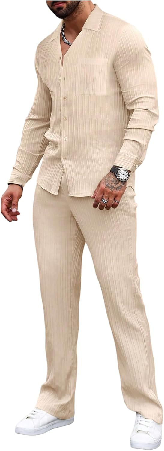 GORGLITTER Men's 2 Piece Linen Suit Casual Long Sleeve Button Down Shirt and Pants Set
