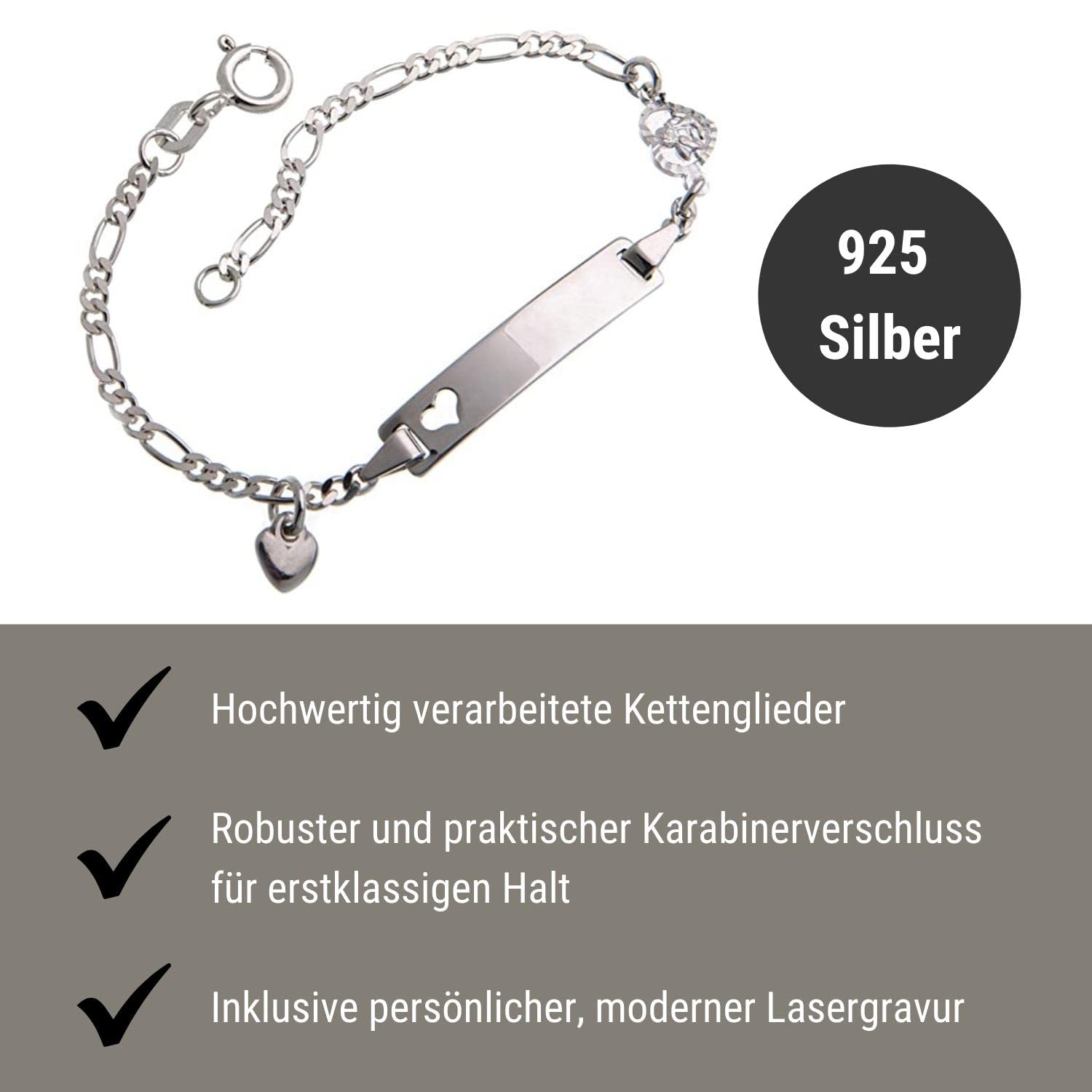 Silberketten-Store Baby- & Kinder ID Armband mit Herz & Anhängern inkl. Gravur & Geschenksäckchen I aus 925 Silber gefertigt I nickelfrei für Allergiker geeignet I 10 Schriftarten