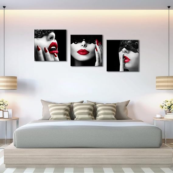 Canvas Painting Prints Sexy Woman Red Lips and Nails Wall Art Black and Red Cute Lips Sexy Beauty Nail Makeup Art Print Modern Home Wall Decor for Living Room Bedroom (Framed, 28