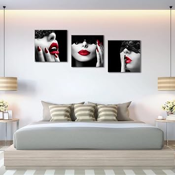 Canvas Painting Prints Sexy Woman Red Lips and Nails Wall Art Black and Red Cute Lips Sexy Beauty Nail Makeup Art Print Modern Home Wall Decor for Living Room Bedroom (Framed, 28
