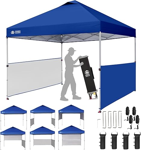 CROWN SHADES Tienda de campaña desplegable de 10 x 10 pies con tela revestida de plata 150D, incluye 2 medias paredes laterales, 4 cuerdas, 8 Azul