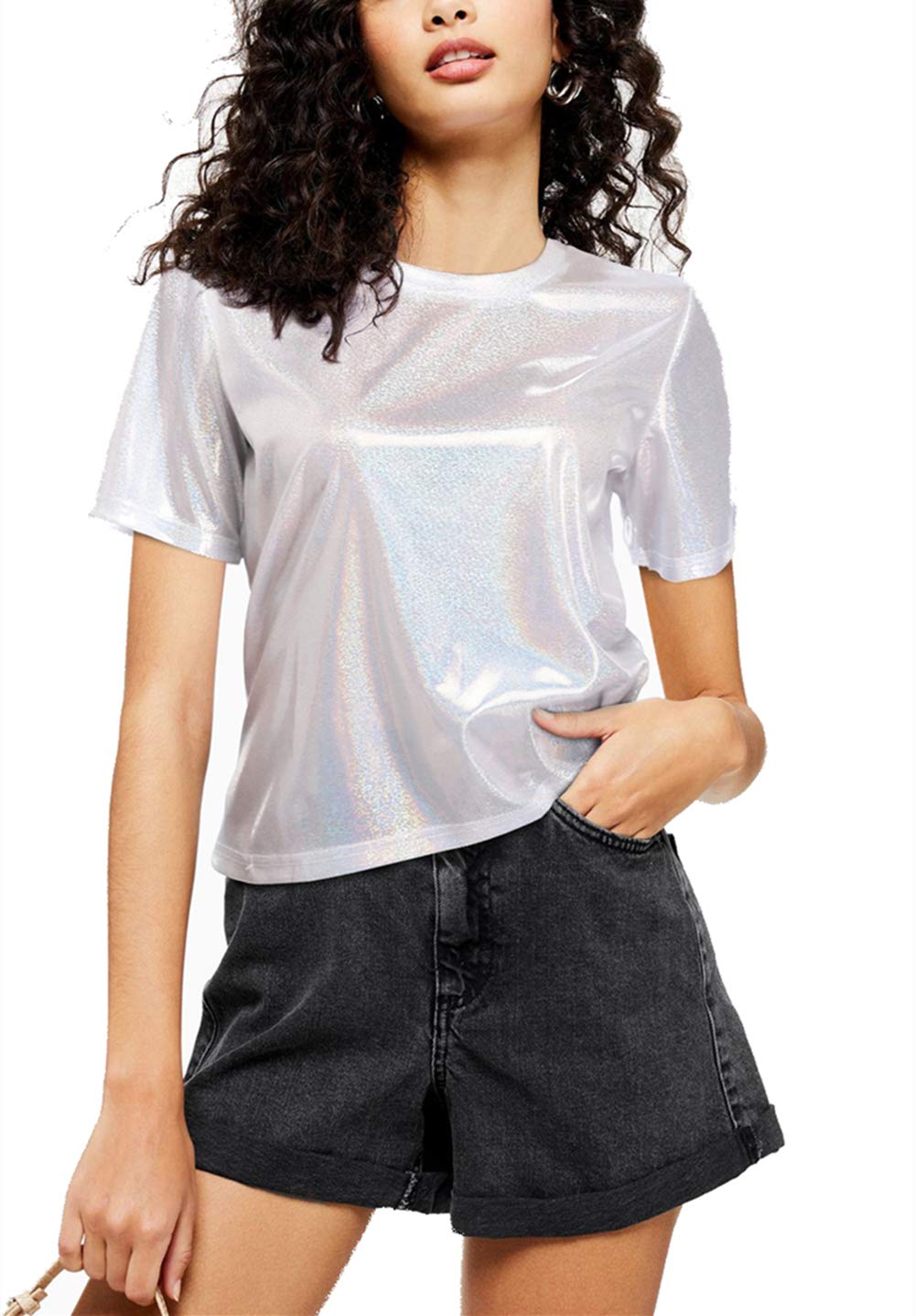 WUDODOShiny Tops for Women Metallic Holographic Shirt Party Shimmer Sparkle Disco T-Shirt
