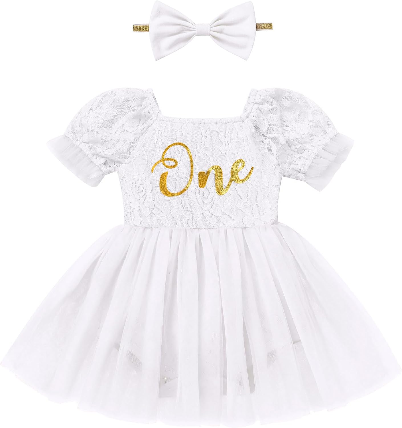 ODASDO Baby Girl Lace Floral Puff Short Sleeve Tutu Romper Dress with Headband Set First Birthday Cake Smash Outfit