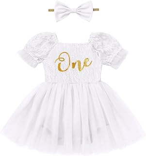 FYMNSI Baby Girls 1st Birthday Outfit Princess Short Sleeve Ruffle Lace Romper Tutu Dress Headband Toddler Summer Clothes