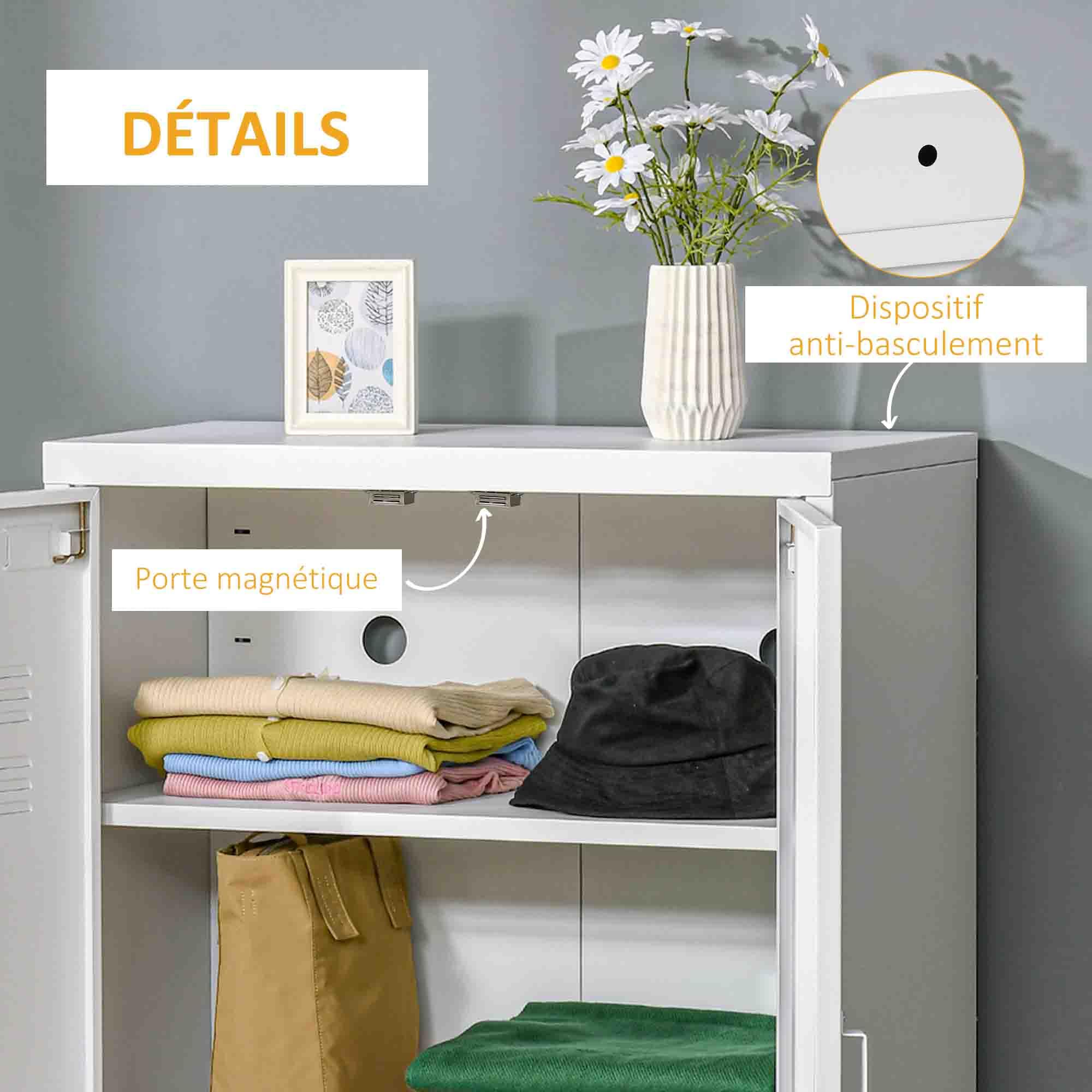 HOMCOM Armoire de bureau à 3 niveaux, meuble de rangement bureau métallique avec 2 portes et étagères réglables, armoire à dossiers pour domicile, garage, blanc