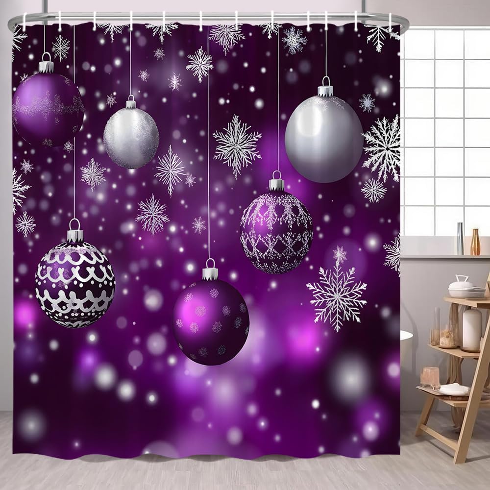 Merry Christmas Polyester Fiber Shower Curtain with Hooks 70" L x 108" W, Purple Christmas Balls Snowflake Xmas Winter Holiday Happy New Year Fabric Bathroom