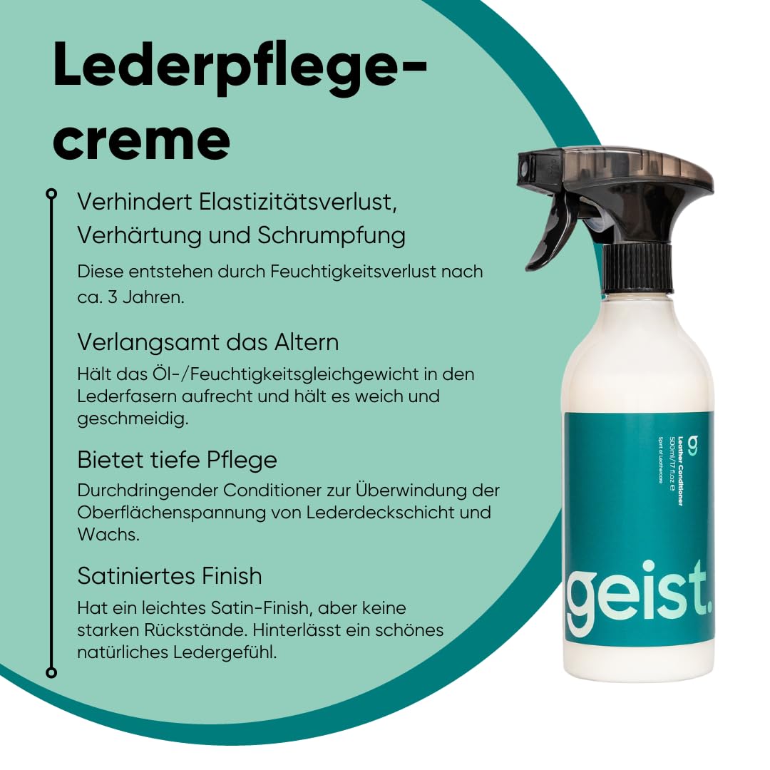 Geist. 3 Plus Lederpflegeset | Reinigung, Schutz vor Farbübertragung, Reibungsschäden, Schrumpfen und Rissbildung. Hält das Leder weich und geschmeidig | Für Leder älter als 3 Jahre