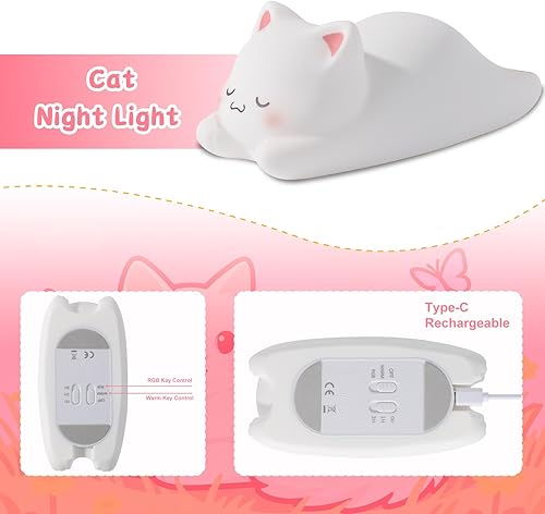 Miniatura 3 de ZKLiLi Luz nocturna para niños, lámpara de gato de 16 colores, luces nocturnas regulables para bebé, luz nocturna recargable de silicona para