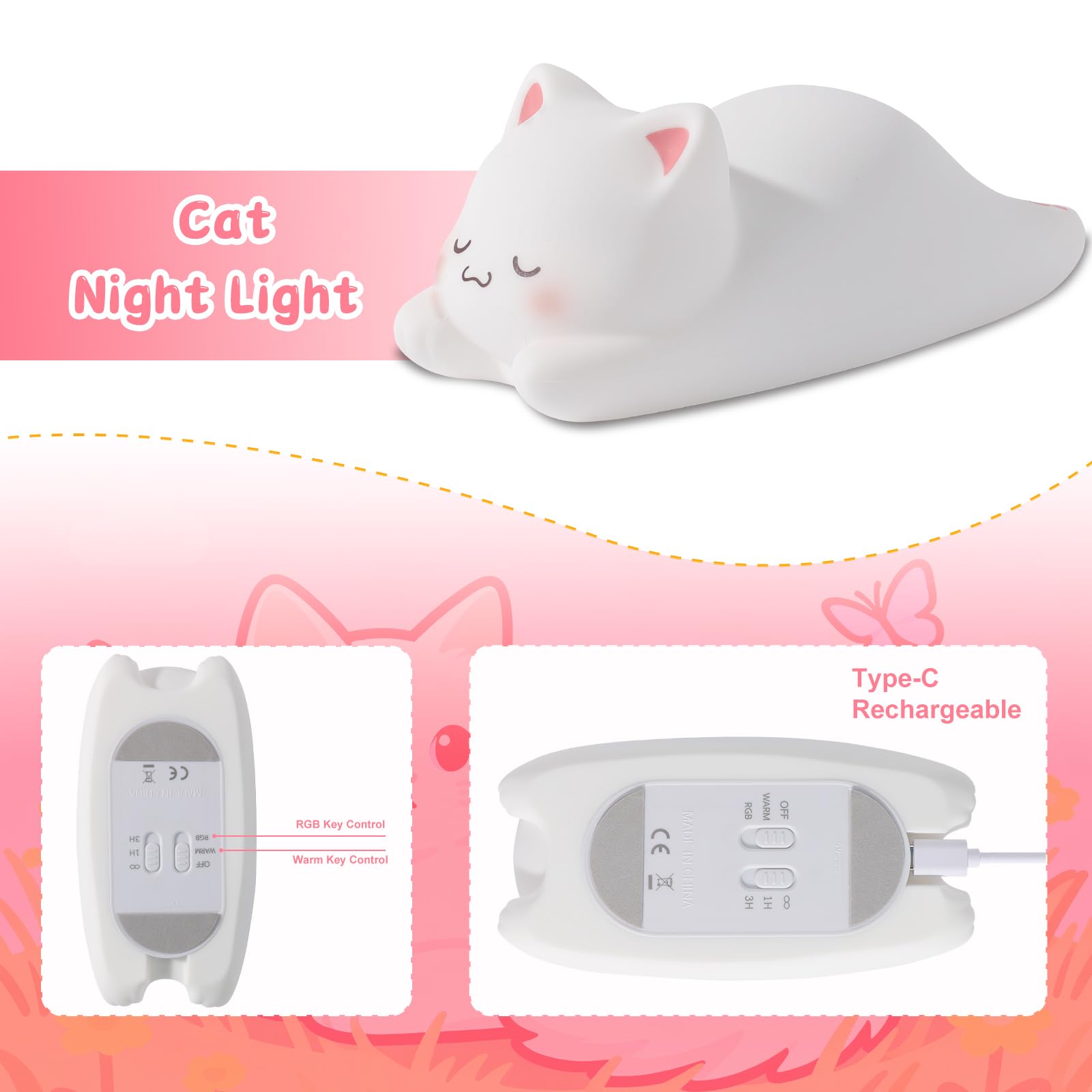 ZKLiLi Night Light for Kids Lamp 16 Colors Cute Cat Lamp Dimmable Baby Night Lights for Nursery Toddler — view 3