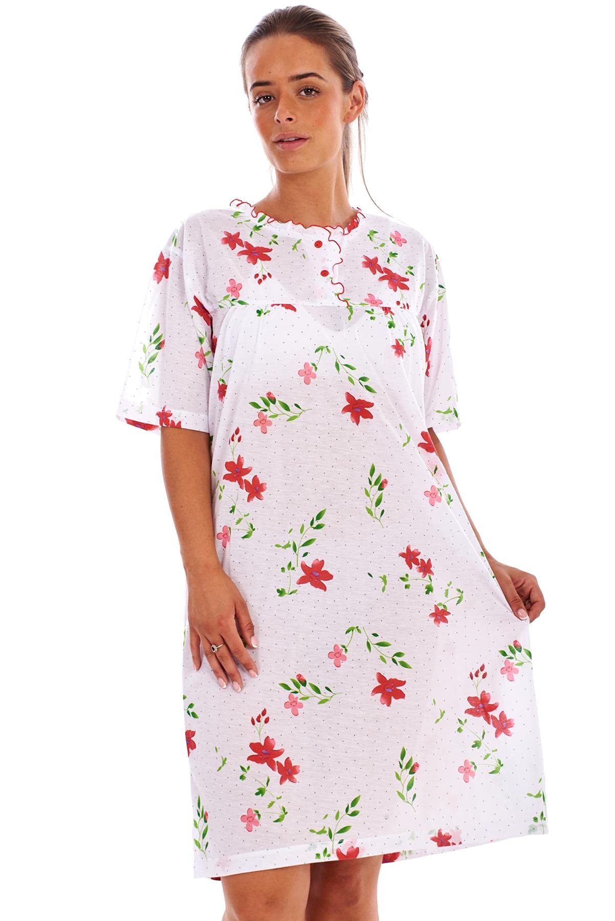 Malay Polka Dot Cotton Nightdress Short Sleeve Buttons V-Neck Floral Nightshirt Red