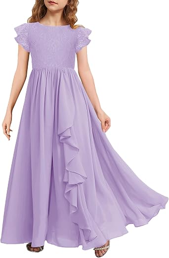 MITILLY Girls Lace Flower Maxi Dress Ruffle Sleeve A-Line Flowy Junior Bridesmaid Chiffon Dresses for Wedding Party