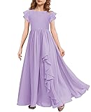 MITILLY Girls Lace Flower Maxi Dress Ruffle Sleeve A-Line Flowy Junior Bridesmaid Chiffon Dresses for Wedding Party