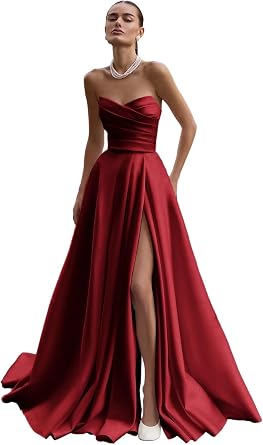 Arsyince Satin Wedding Dresses for Bride Strapless Prom Dresses A Line Long Ruched Ball Gown with Slit ST02
