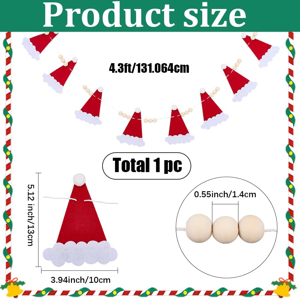 GORGECRAFT 4.3 Feet Christmas Garland Banner Felt Red Santa Hat Hanging Ornament with Wood Beaded Garland Xmas Christmas Party Holiday Decoration for Wall Window Door Party Favor Winter Supplies image 2