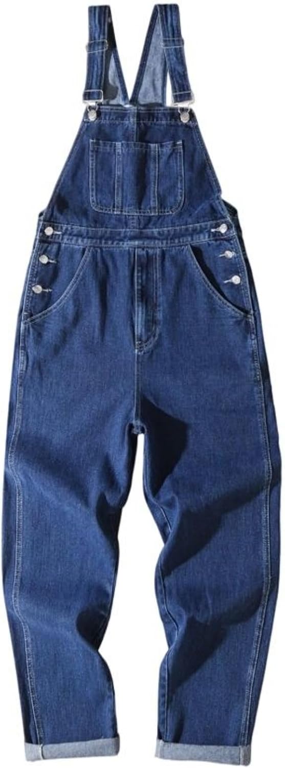 Men's High Waist Cropped Denim Bib Overalls Button Front Casual Streetwear Pants Wide Leg Fit