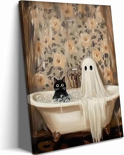 Lienzo decorativo de Halloween para baño, fantasmas de terror y lindo gato negro en la bañera, pinturas góticas oscuras de academia impresiones para