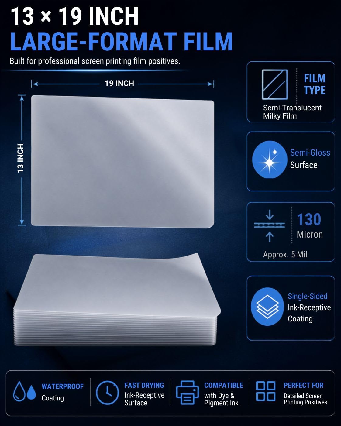 Waterproof Inkjet Transparency Film for Screen Printing, 13 x 19 Inch, 50 Sheets, 130 Micron (Approx. 5 Mil), Semi-Gloss Film Positive Sheets for Dye & Pigment Inkjet Printers