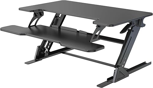 Convertidor de escritorio de pie de 32 x 24 pulgadas, altura ajustable, elevador de sentado a pie con bandeja para teclado, estación de trabajo