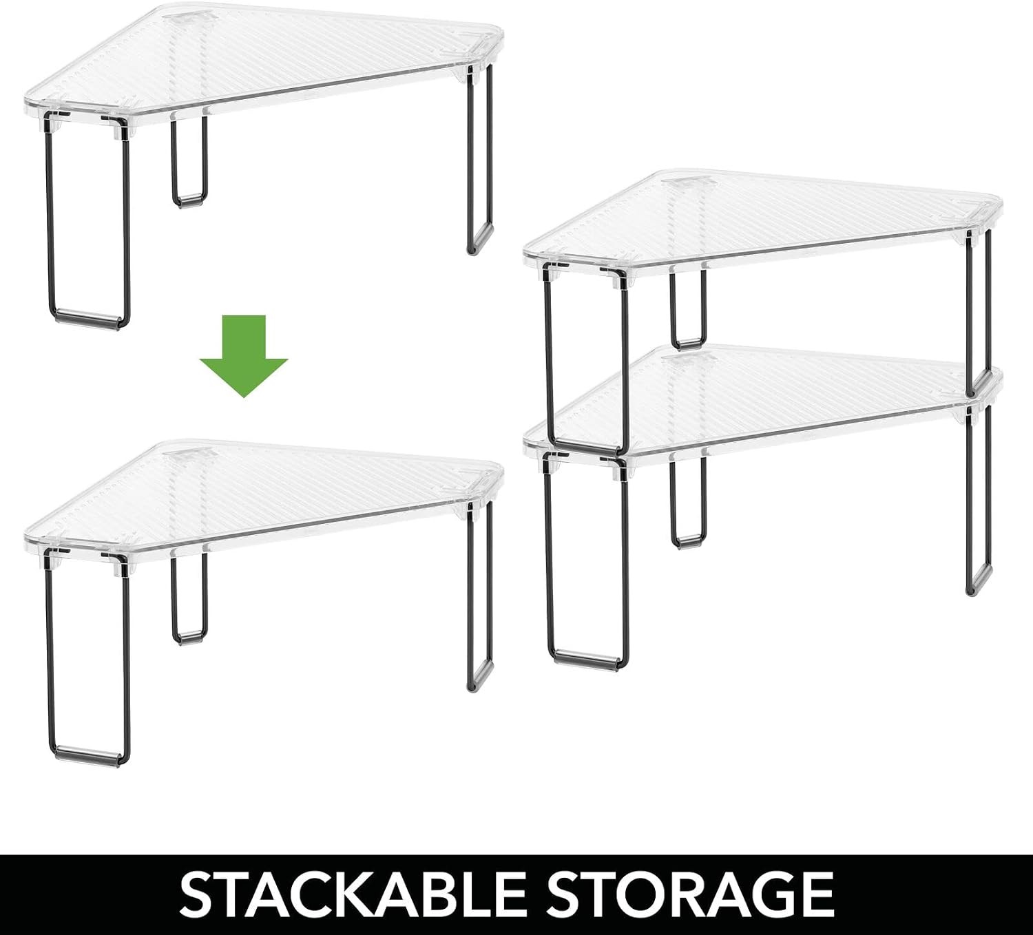 mDesign Plastic/Steel Freestanding Foldable Corner Stackable Organizer Shelf for Kitchen, Counter, Pantry, Cabinet Storage, Holds Plates, Dishes, Ligne Collection, Clear/Matte Black