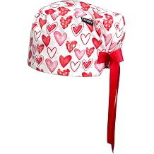 Scrub Cap for Women, Euro Style Scrub Caps, Working Hat, Head Cover with Ribbons and Buttons, Long or Short Hair Valentine's Day Hearts on White