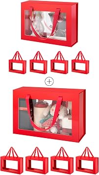 JINGUAN 5 Red Gift Boxes with Windows, Gift Boxes with Lids and Handles 10.5x7.5x3 Inches and 13.5x9x4.1 Inches
