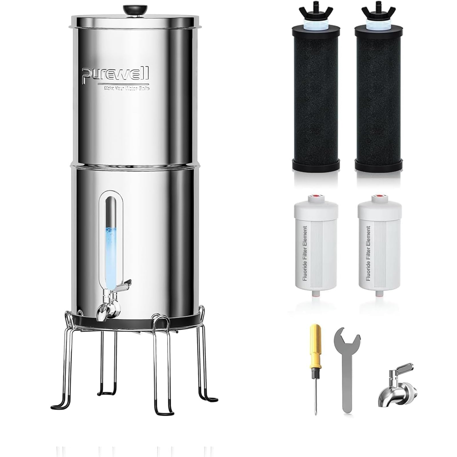 Purewell Filtro dell'acqua a gravità, 8,5 l, sistema di filtraggio a 8 livelli con 4 filtri (contro fluoro e cloro) + indicatore del livello dell'acqua, purificatore d'acqua senza corrente per