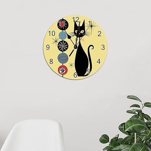 Miniatura 5 de Retro Atomic Era Mid Century Cool Cat - Reloj de pared divertido de 10 x 10 pulgadas, silencioso sin tictac, funciona con pilas, para dormitorio,