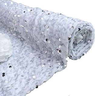 White Sequin Fabric 1 Yard Velvet Fabric by The Yard Sequence Material for Sewing Bows Sparkling Fabric for Headband Hat Mesh Stretch Fabric for Christmas Decor Glittery Sequined Linen Fabric