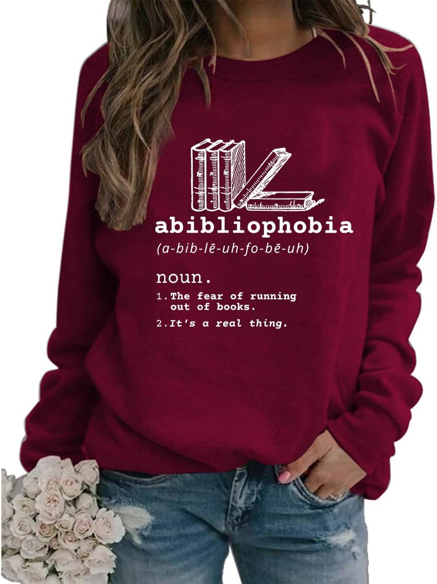 QYZ-Top Abibliophobia Reading Sweatshirt Womens Funny Vintage Long Sleeve Shirts Crewneck Graphic Pullover Book Lover Gift