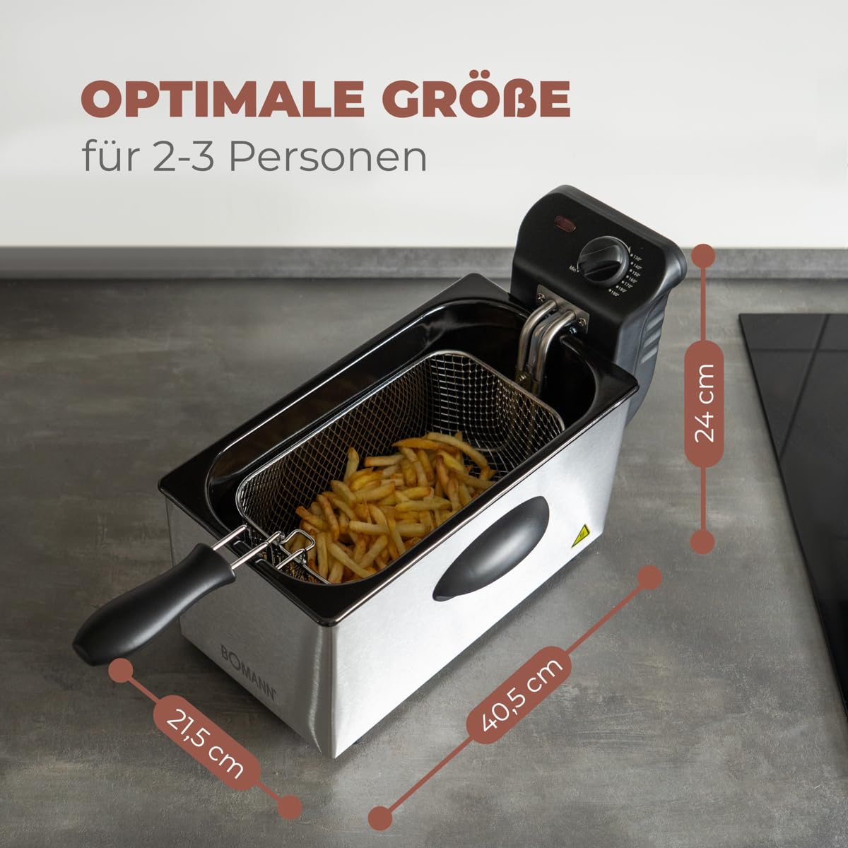 Bomann Fritteuse mit 3L Kapazität | Friteuse mit Fett | Friteuse Öl mit Kaltzonentechnik & Abtropfvorrichtung | stufenlos regelbareres Thermostat | Abtropfvorrichtung | 2000 Watt | Gastro | FR 2264 CB