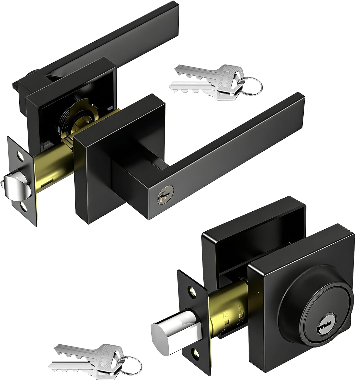 Exterior Door Lock Set, 1 Pack Heavy Duty Front Door Lock Set, Black Door Handle and Single Cylinder Deadbolt, Keyed Alike Entry Door Lockset for Front Door, Matte Black