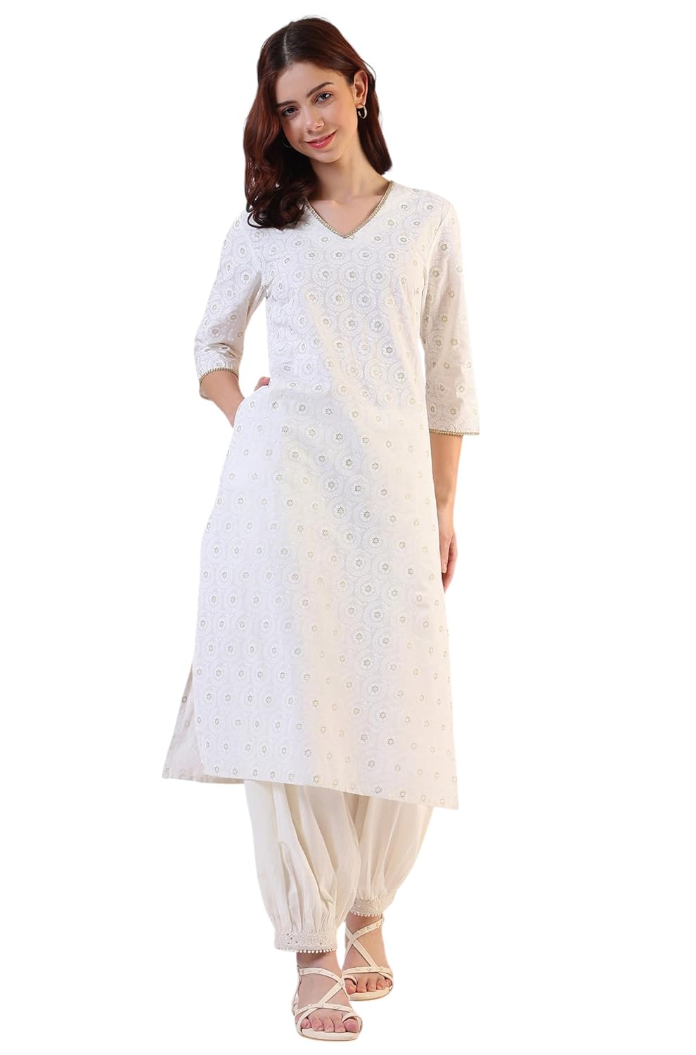 W for Woman Geometric Printed Metallic Hardware Straight Pure Cotton Kurta