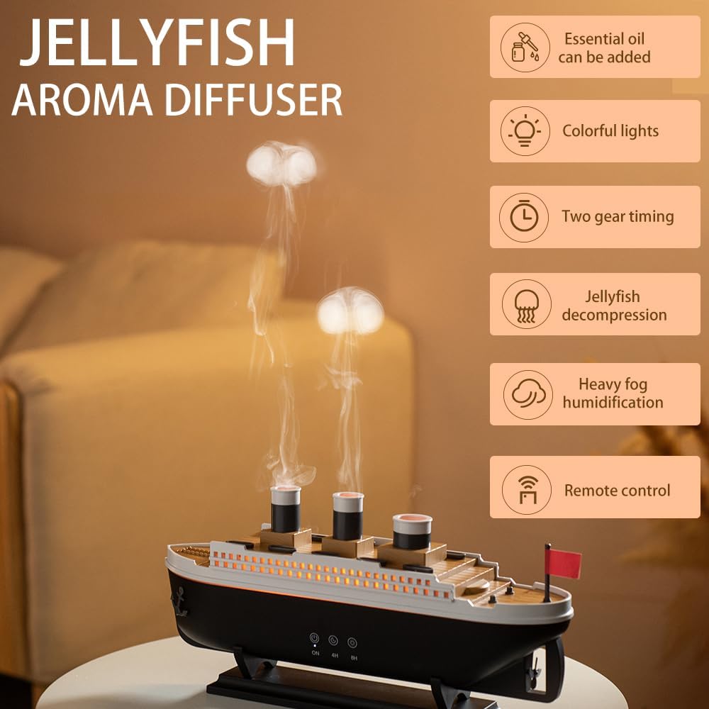 Essential Oil Diffuser, 250ml Ship Modelling Aromatherapy Ship Oil Diffuser Cool Mist Humidifier with Remote Control, Remote 2 Spray Mode Auto Shut-Off, 7 Color LED Light for Home Office.