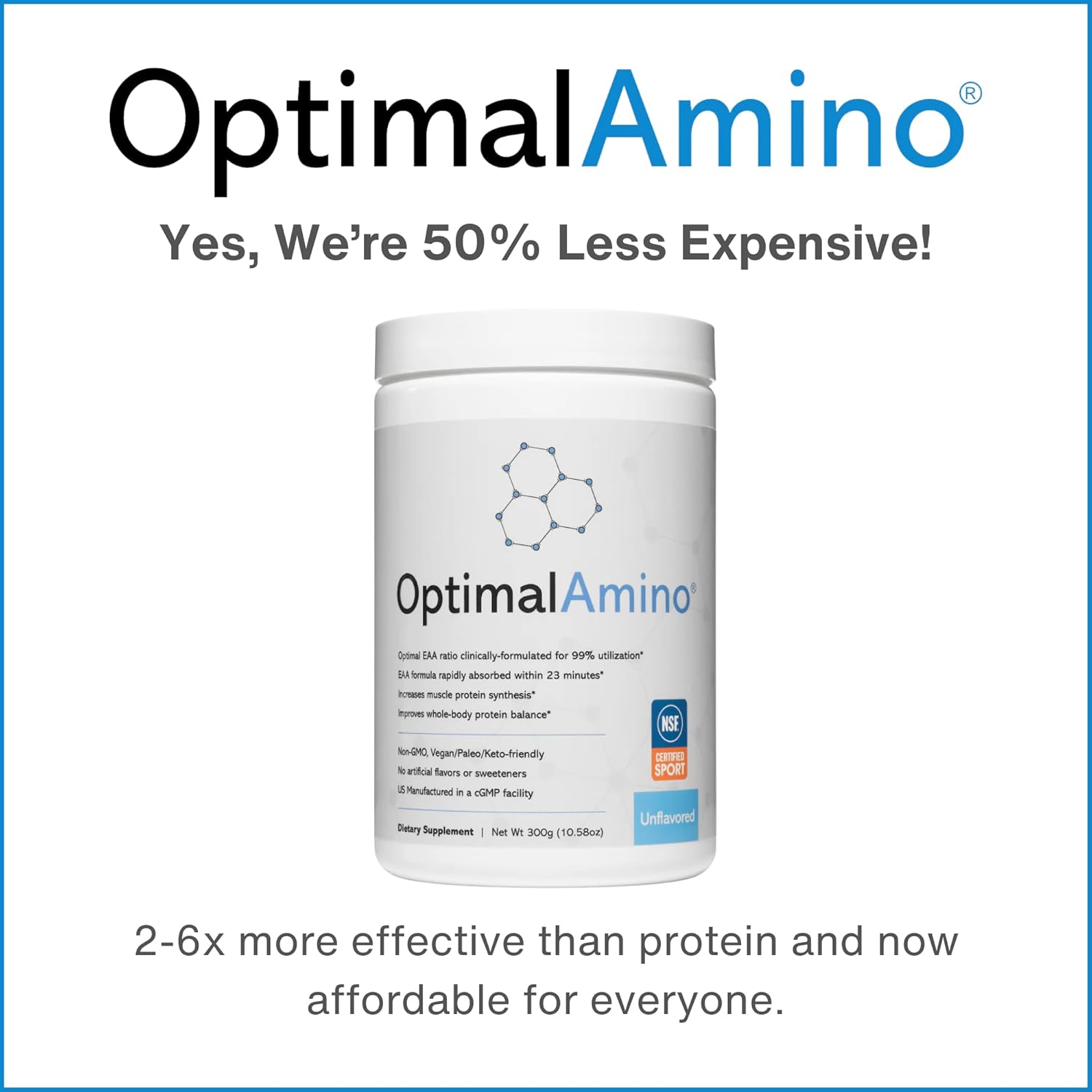 OptimalAmino Amino Acid Powder | 99% Utilized Essential Amino Acid (EAA) Supplement | Pre/Post Workout & Muscle Recovery | NSF for Sport Certified | Unflavored, Do It Yourself (DIY)
