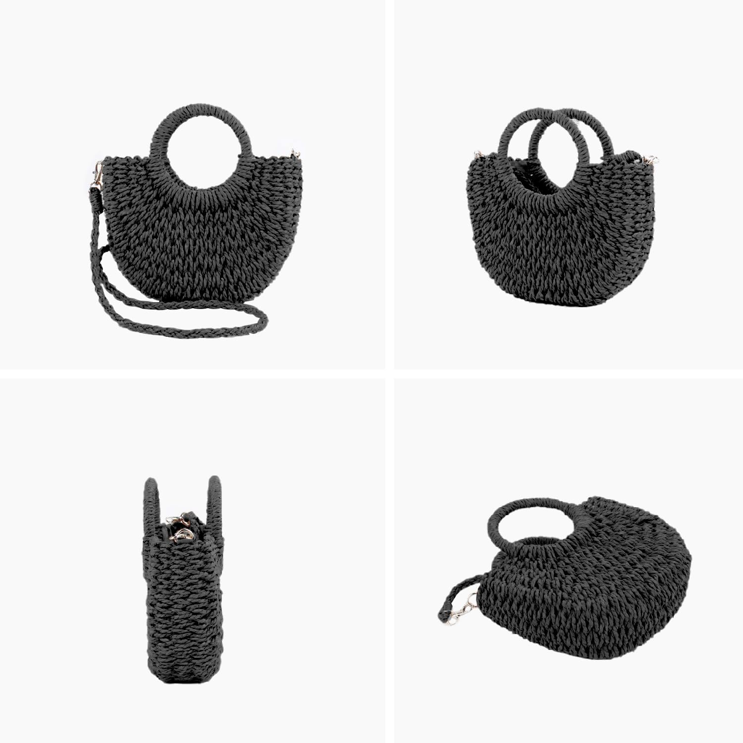 Mini Semi-circle Rattan Straw Bag, Hand-woven Women Summer Retro Beach Tote Shoulder Bag Crossbody Travel Beach Bag - Image 4