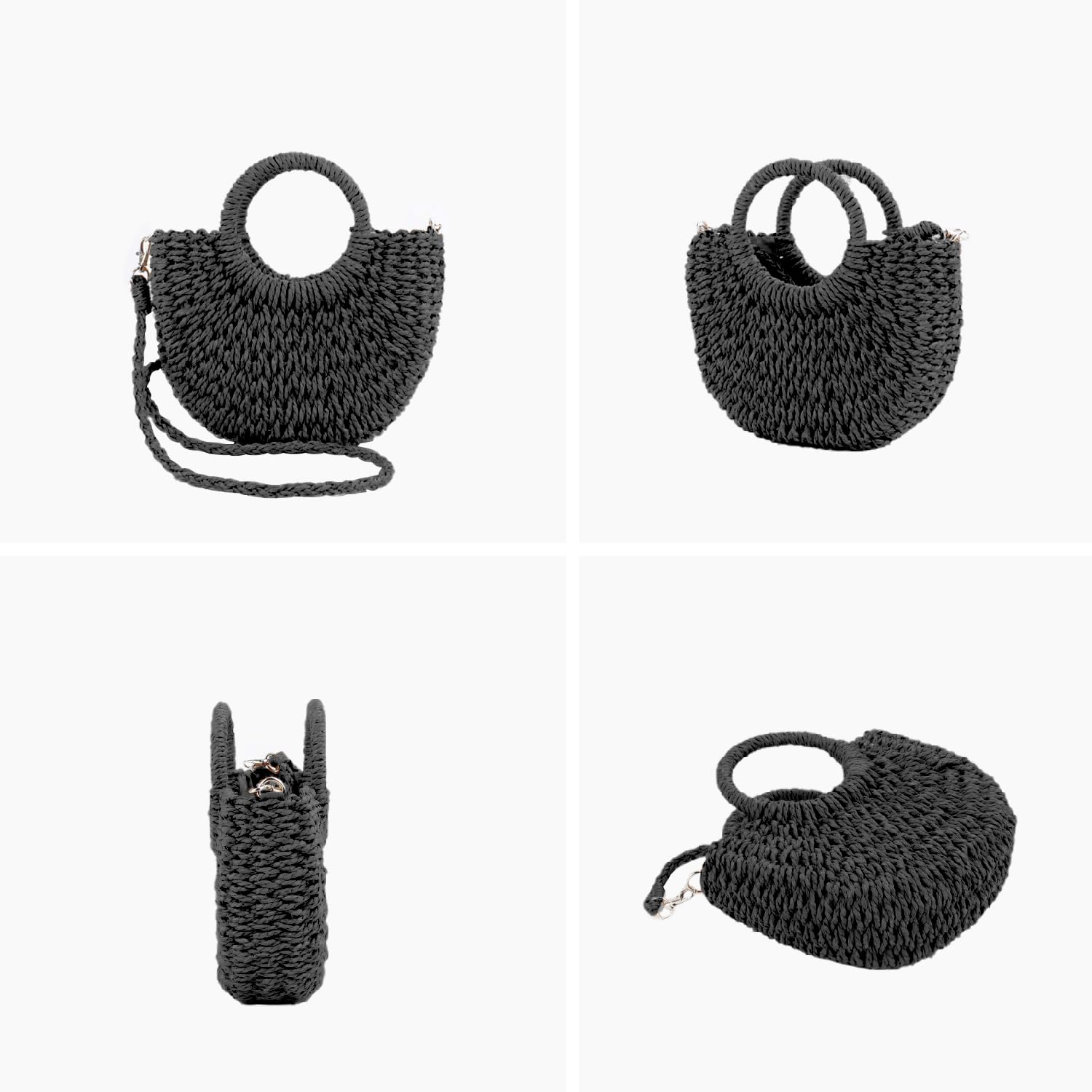 Mini Semi-circle Rattan Straw Bag, Hand-woven Women Summer Retro Beach Tote Shoulder Bag Crossbody Travel Beach Bag