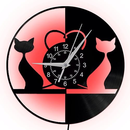 Reloj de gatos lindos regalos de animales, discos de vinilo para decoración de pared LED de 7 colores, luz nocturna de gato, regalo hecho a mano