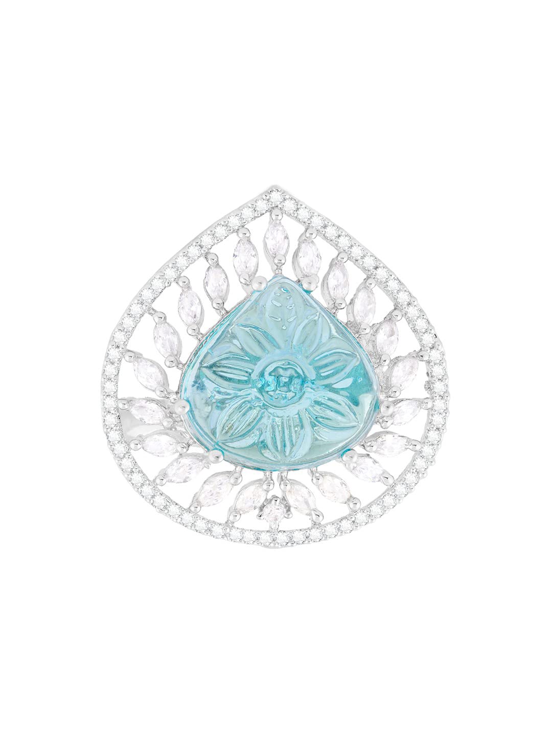 Turquoise Blue Stone & Dazzling Cubic Zirconia Embellihsed Brass Contemporary Adjustable Ring For Women-ZPFK15827