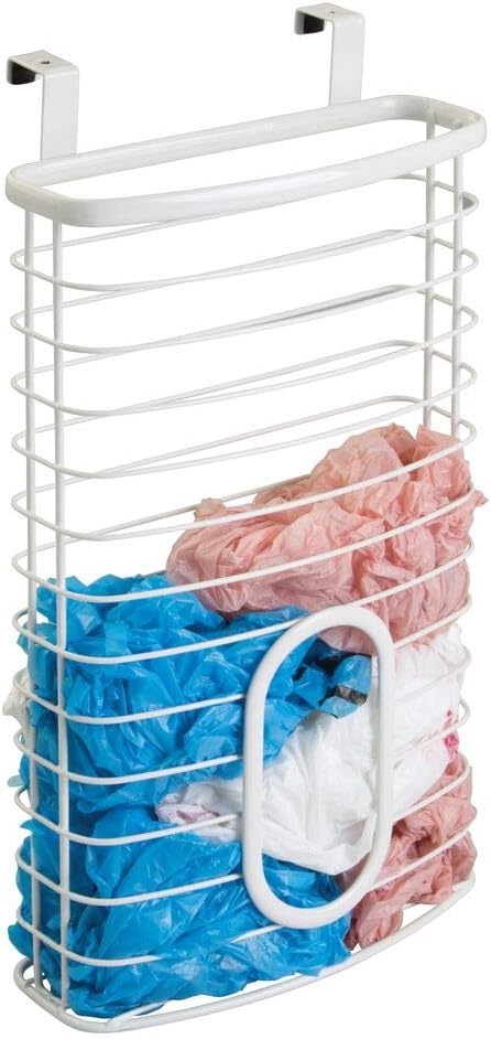 mDesign Bag Dispenser – Plastic Bag Holder Made of Metal – Over-the-Door Plastic Bag Organiser for Shopping Bags – White