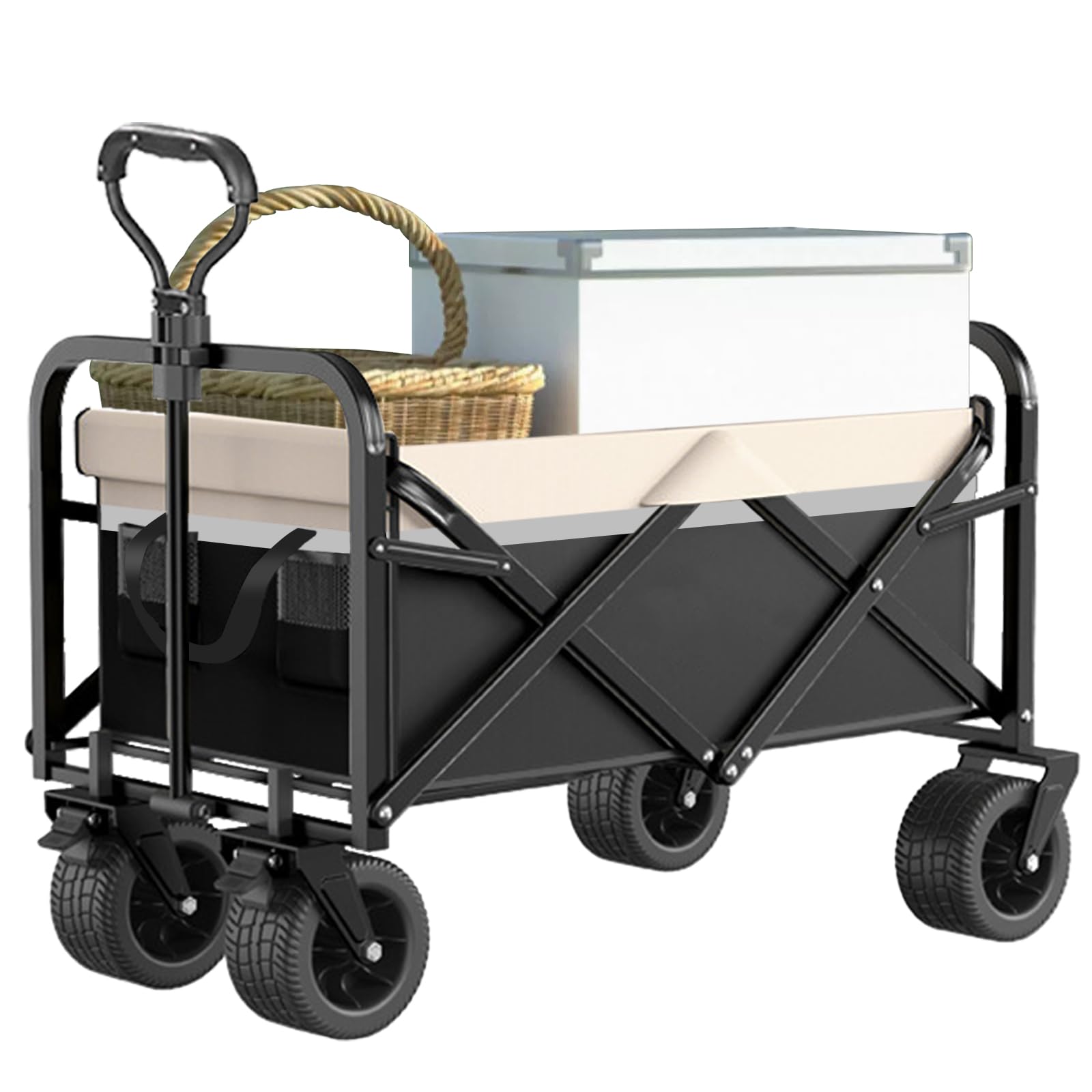 Collapsible Folding Wagon Load 330 Lbs, Heavy Duty Utility Beach Wagon Cart for Sand with Big Wheels, Adjustable Handle&Drink Holders for Garden Outdoor Camping Beach Sports, Grocery Cart